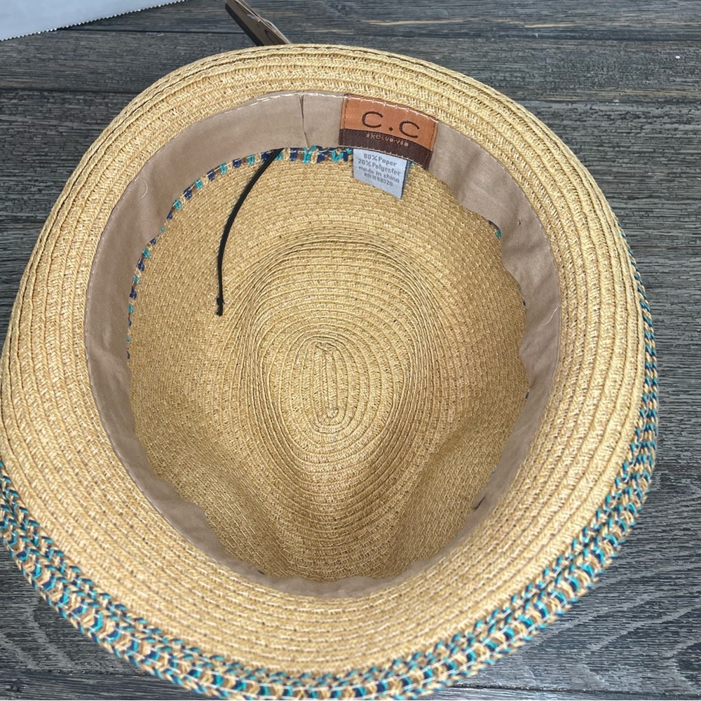 C.C Straw Fedora Hat with Turquoise and Purple Trim - Picture 7 of 11